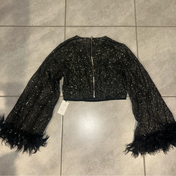 Cider Black & Silver Long Sleeve Crop Top & Bra Feather Fringe Size L Brand New - Picture 6 of 12